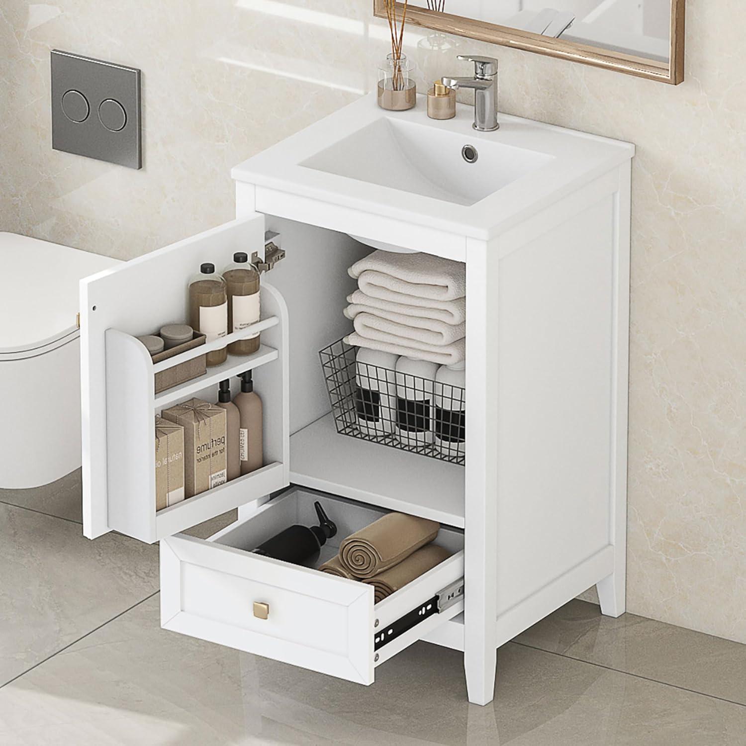 Harper & Bright Designs 20" Bathroom Vanity, Small Single Vanity with Drawer & Soft Closing Doors, Solid Wood Bathroom Cabinet with Storage Rack, Ceramic Sink, White