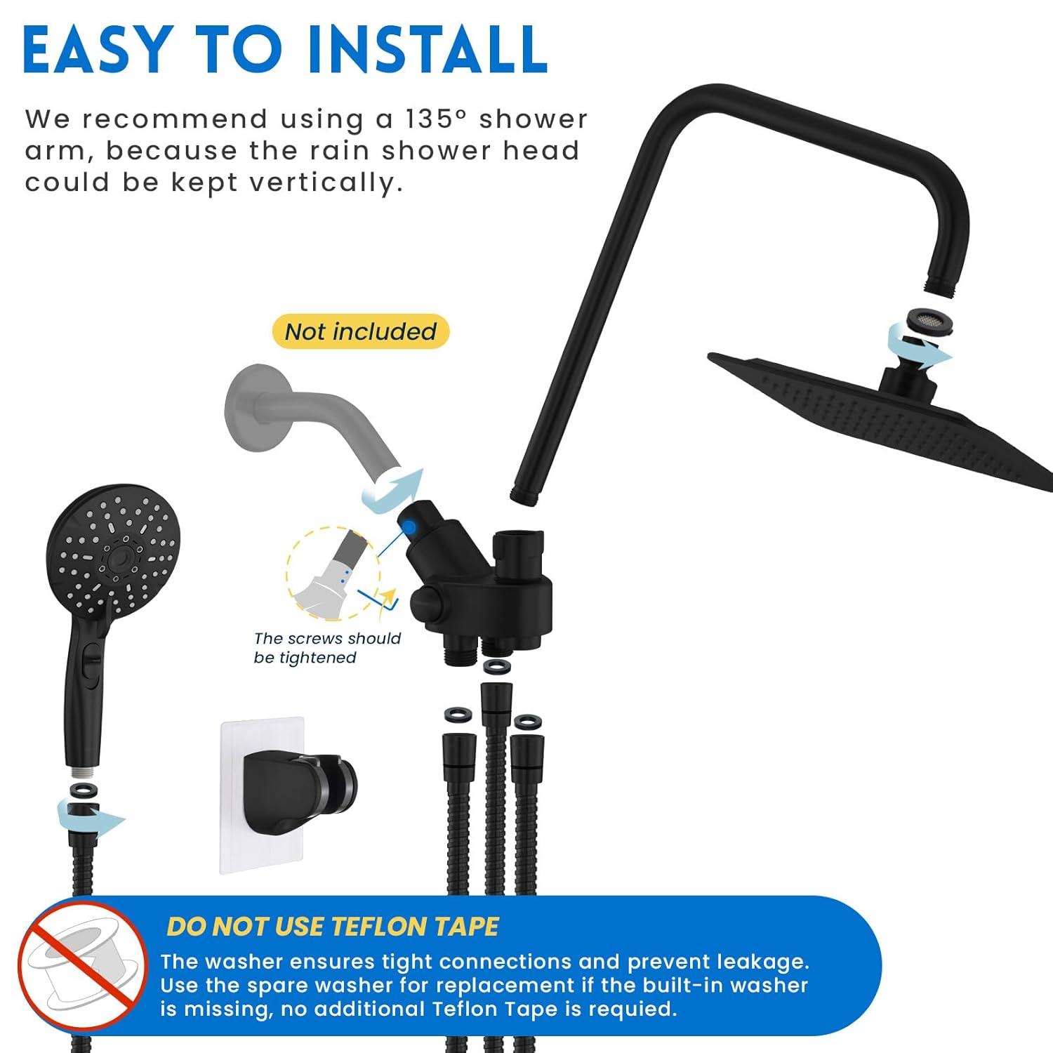 8" Dual Shower Head Combo, Rainfall Shower Head with Handheld, 6 Spray Settings Angle Adjustable Handheld Shower Head with Pause, Height Adjustable, Matte Black