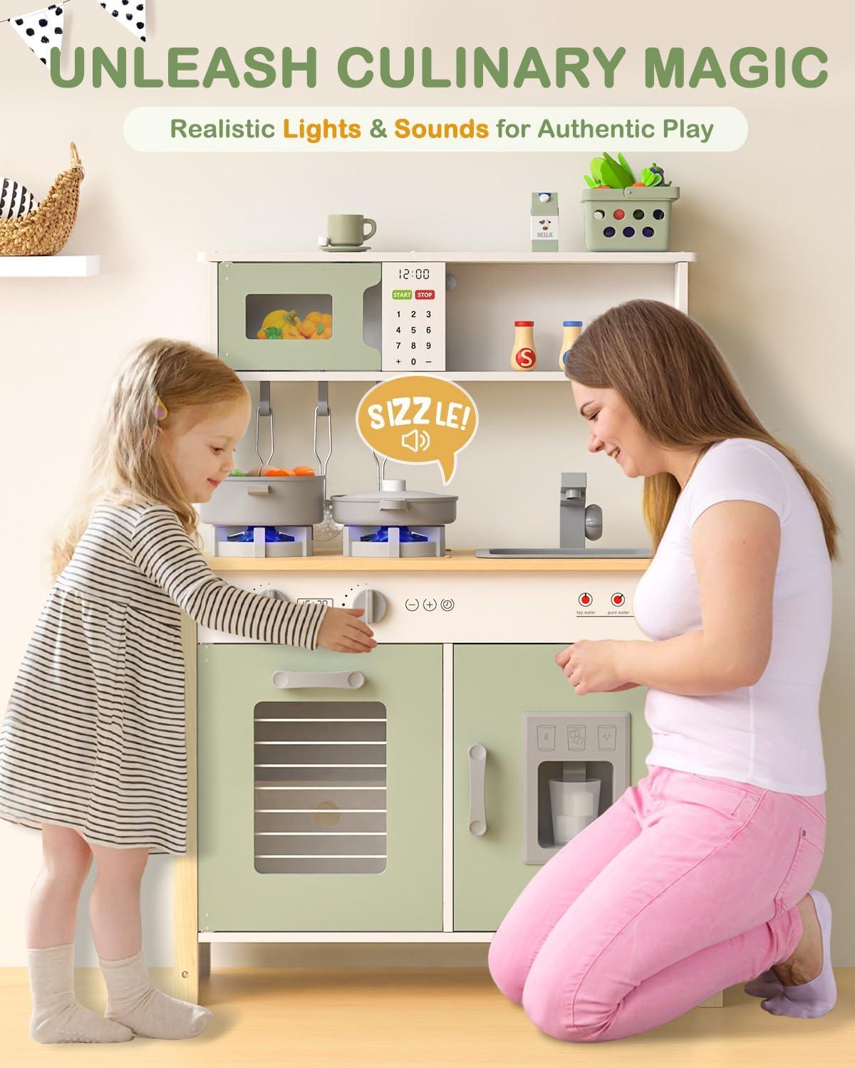 Wooden Kitchen Playset for Kids Ages 3+ with Realistic Lights, Sounds, Stove, Sink, Oven, and Accessories, Toys Kitchen Small Pretend Play Kitchen for Toddlers (Green)