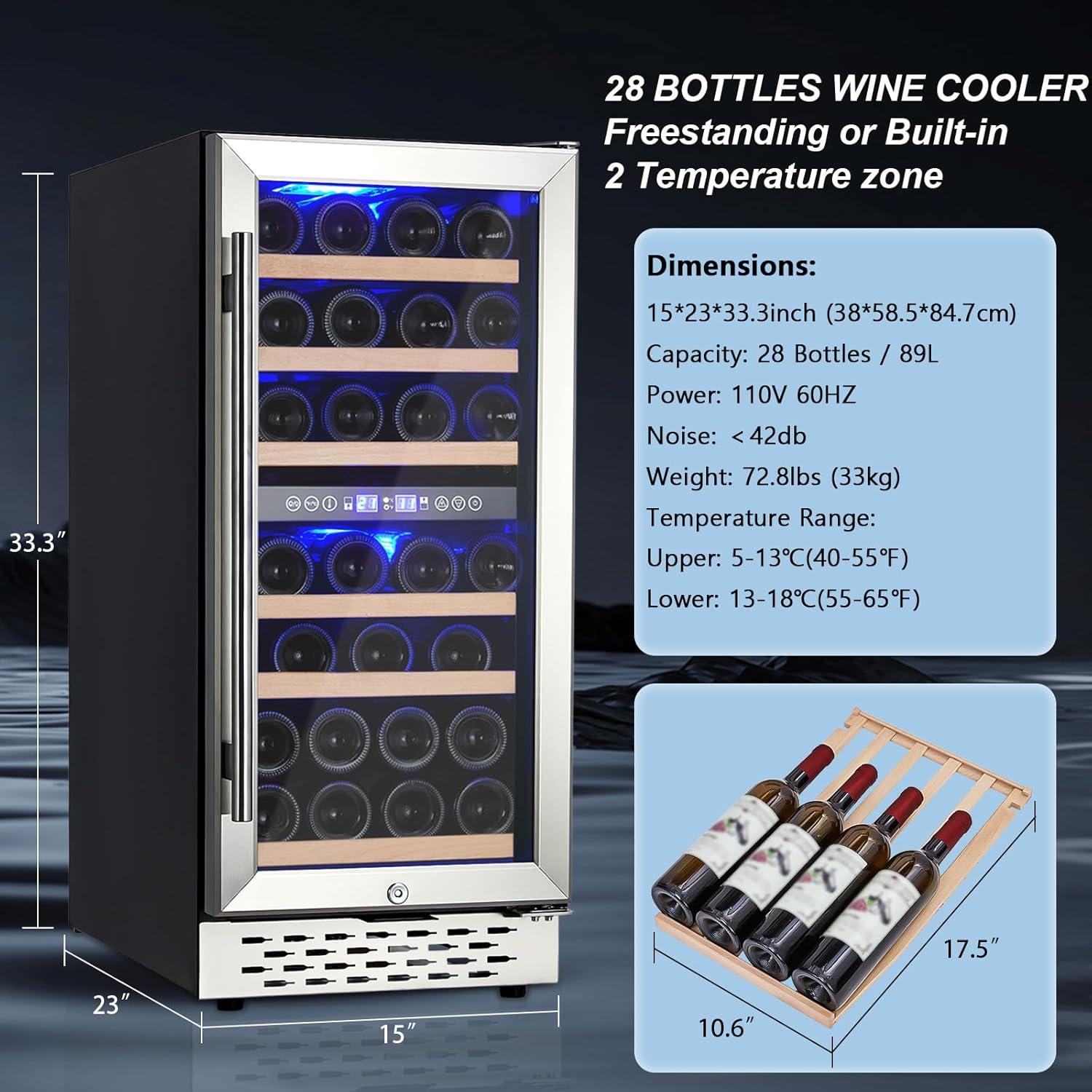 28 Bottle Wine Cooler Refrigerator - Double-Layer Glass Door, Temperature Stable, Digital Touch Control, Single Area Dual Temperature, with Safety Lock, Built-in or Freestanding
