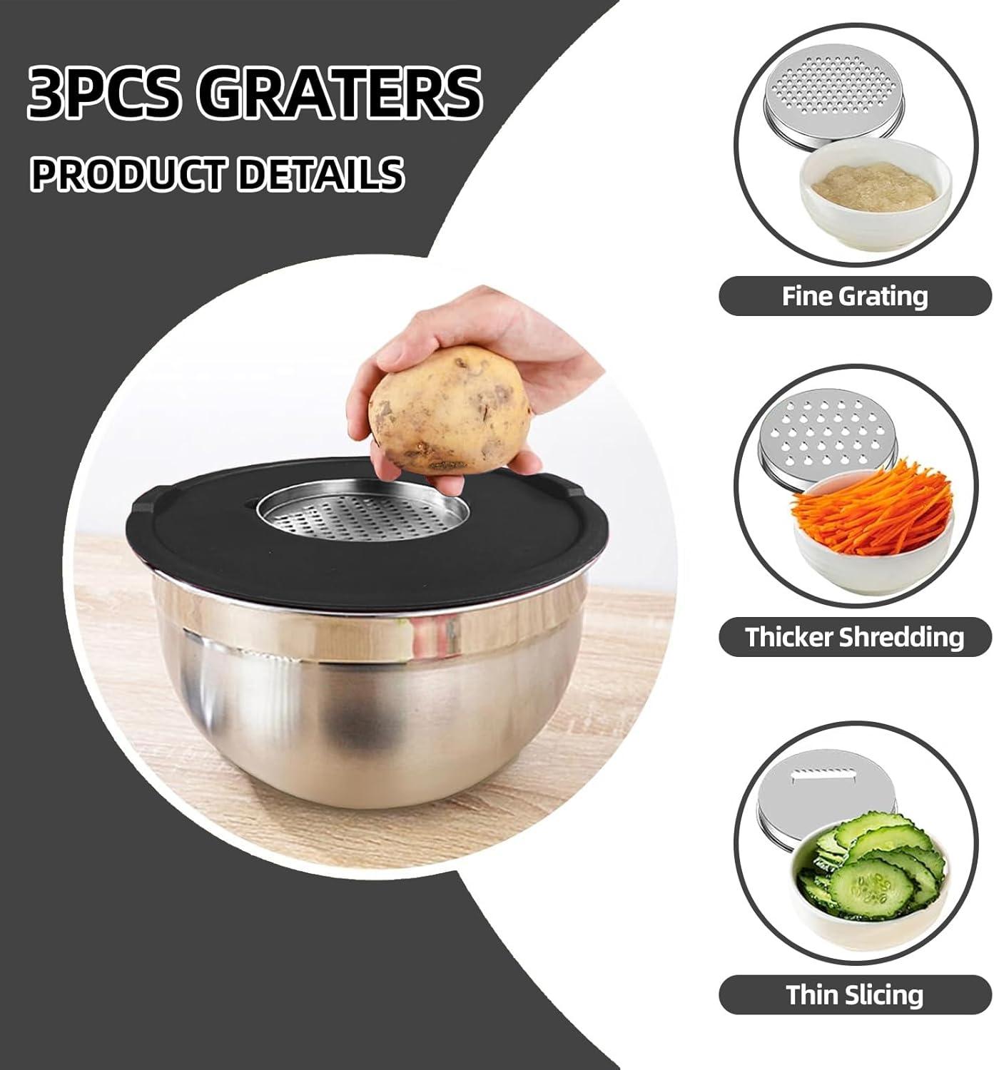 6-Piece Black Stainless Steel Mixing Bowl Set with Lids and Graters