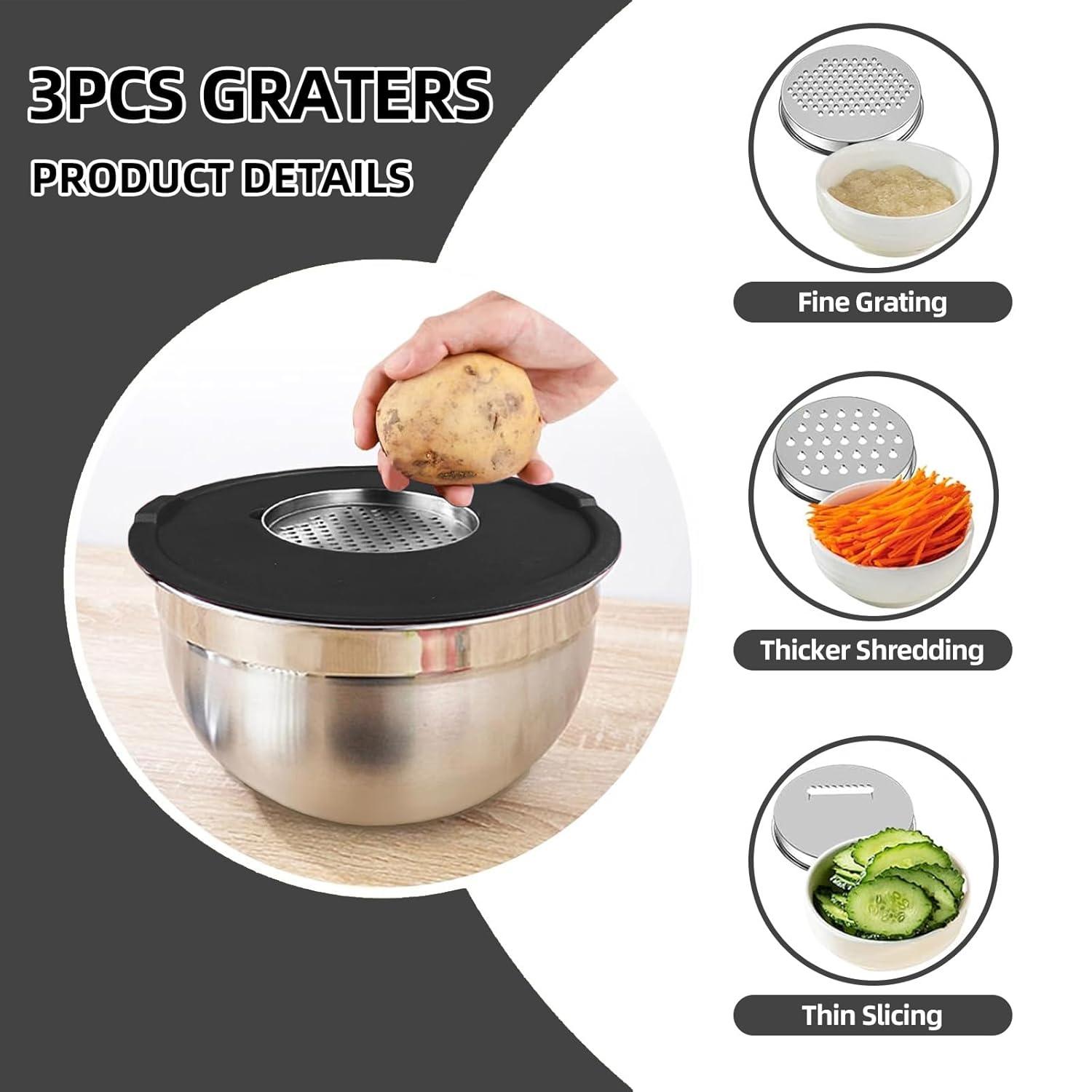 6-Piece Black Stainless Steel Mixing Bowl Set with Lids and Graters