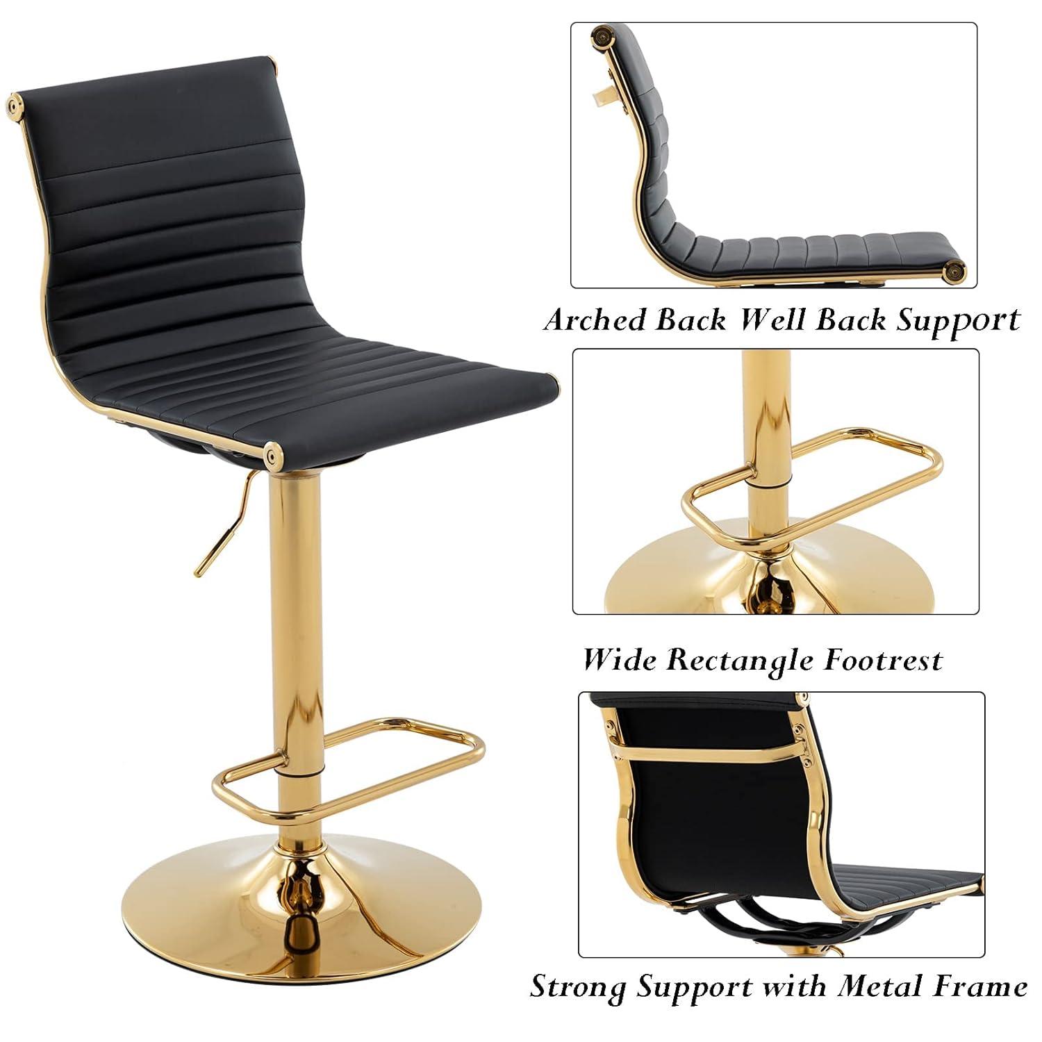 Flash Furniture Modern Black Vinyl Adjustable Bar Stool with Back, Counter Height Swivel Stool with Gold Pedestal Base, Set of 2