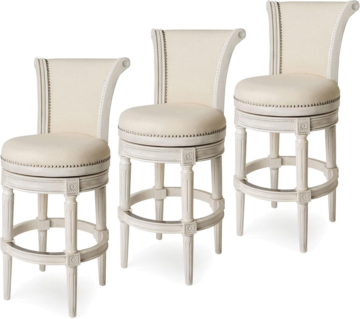 White Oak Swivel Upholstered Bar Stools with Nailhead Trim, Set of 3