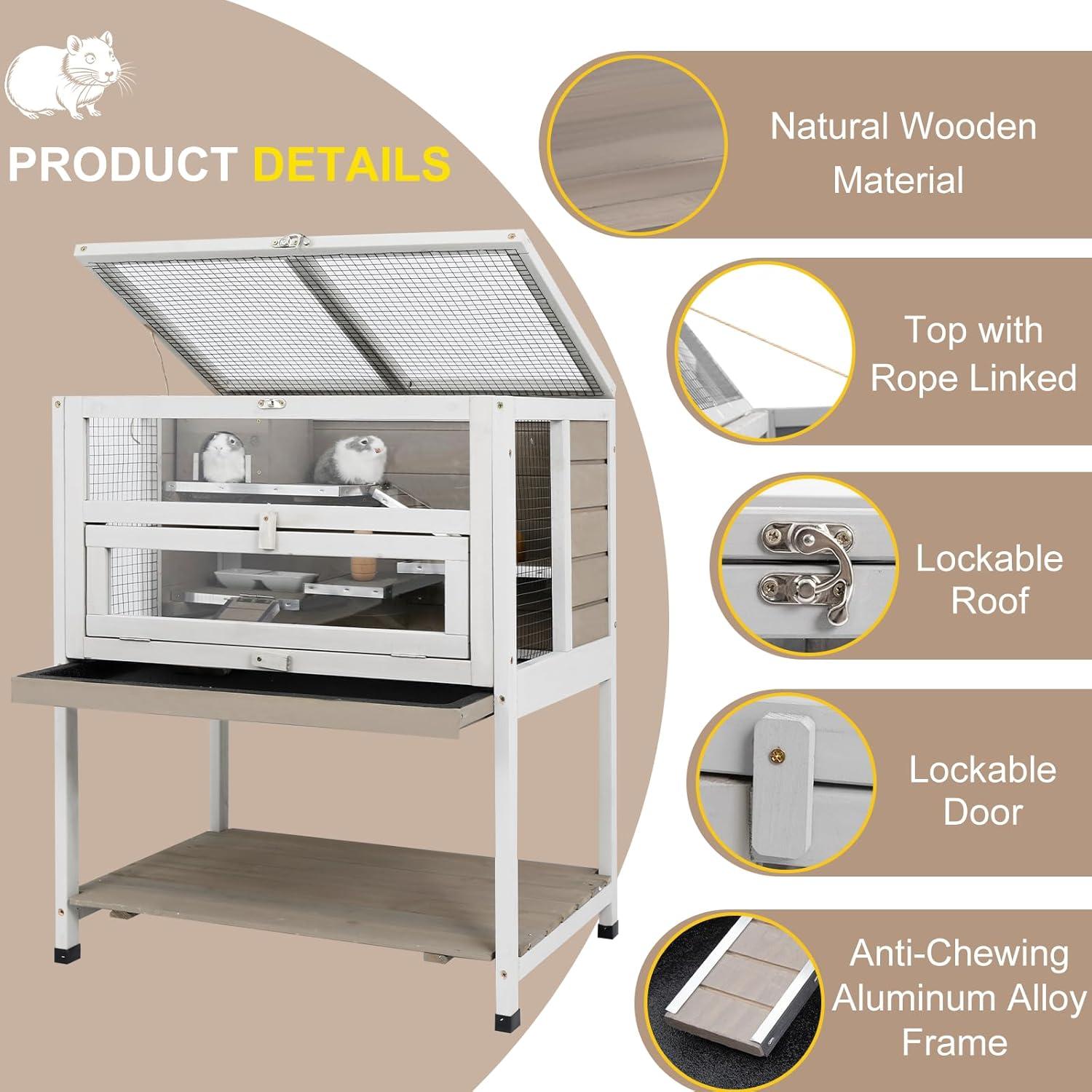 PETSCOSSET 3-Tier Wooden Hamster Cage with Storage Shelf Indoor Outdoor Large Guinea Pig Cage House and Habitat