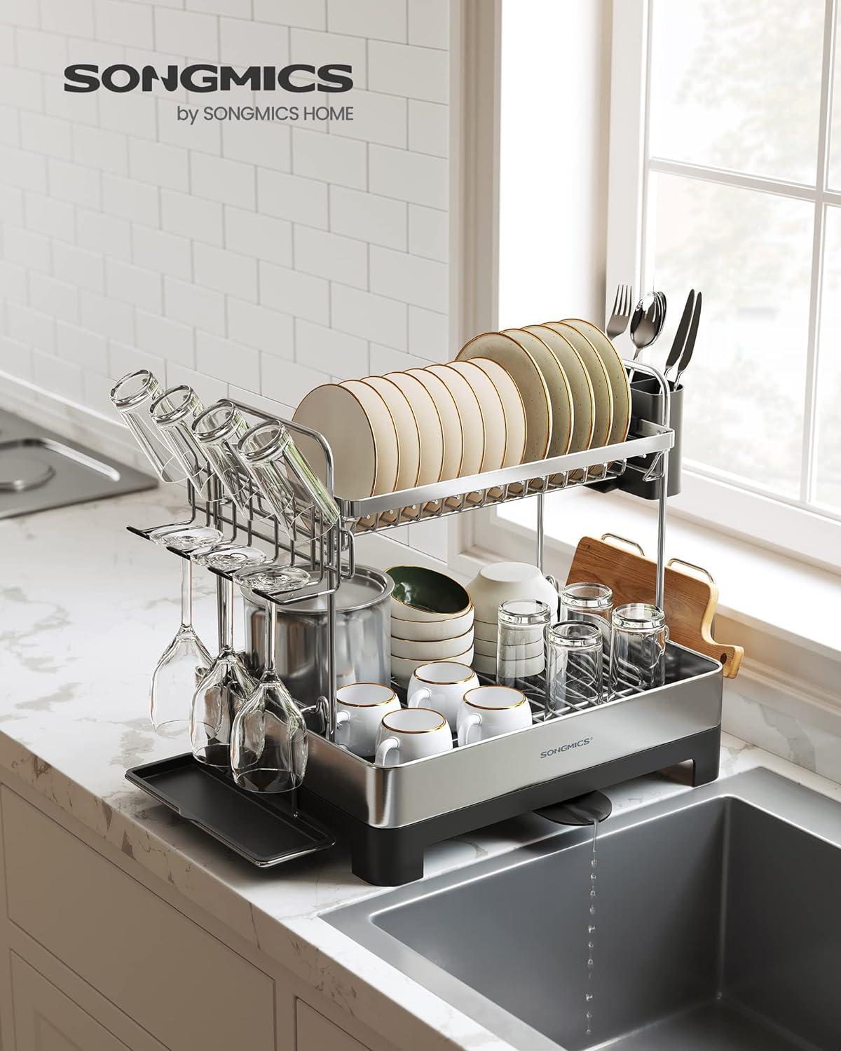 Black Stainless Steel 2-Tier Dish Drying Rack with Utensil Cup