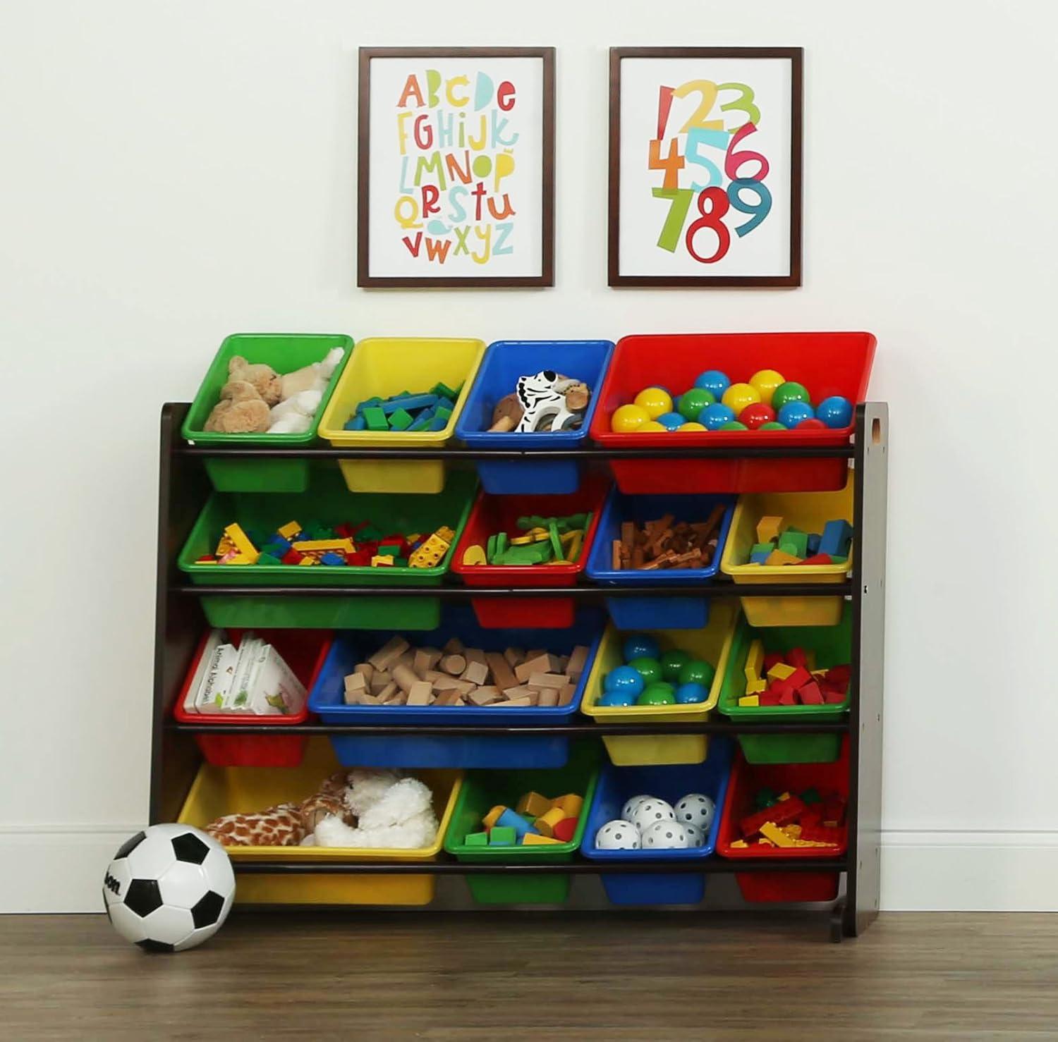 Discover Supersized Kids' Toy Storage Bin Organizer Dark Wood - Humble Crew: MDF Shelves, Anti-Tip, 17 Pieces