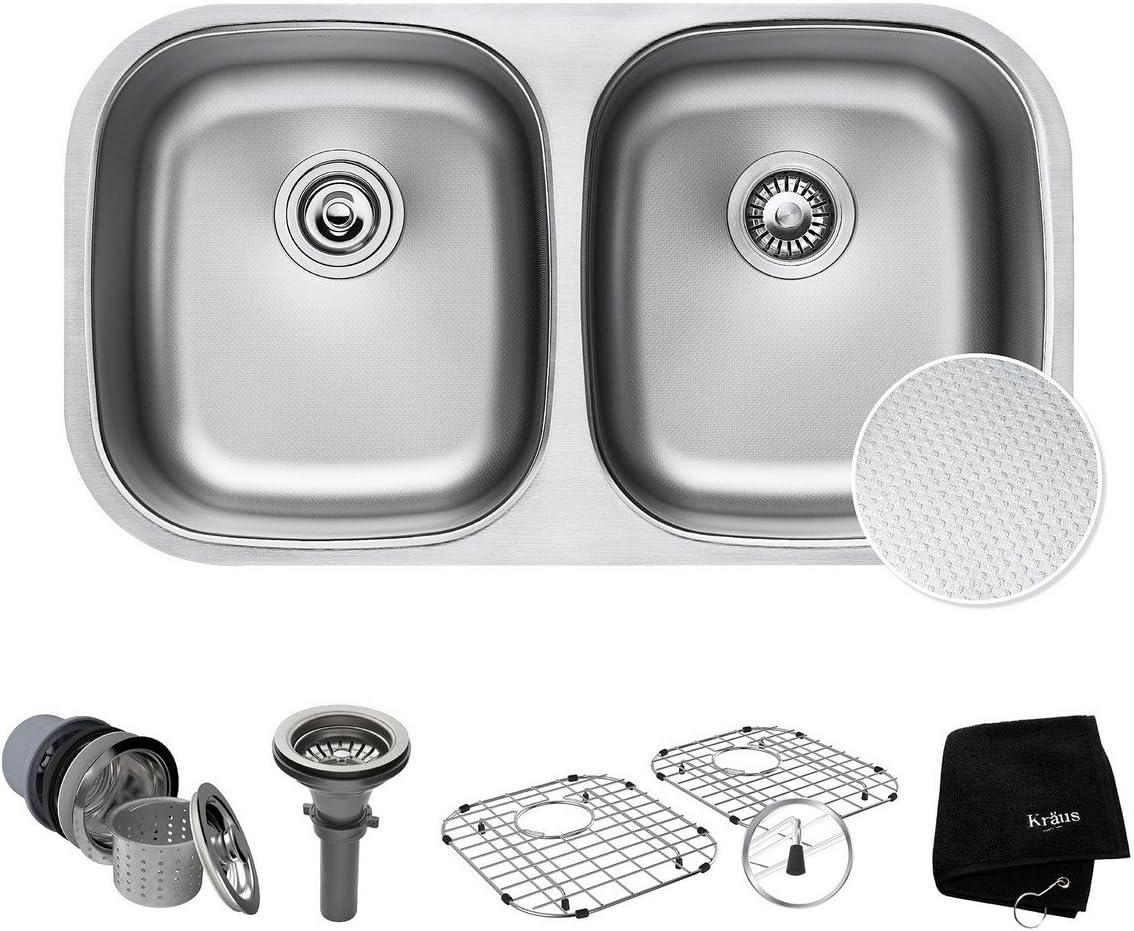 KRAUS Outlast MicroShield™ Scratch-Resist Stainless Steel Undermount 50/50 Double Bowl Sink, 32" L 16 Gauge