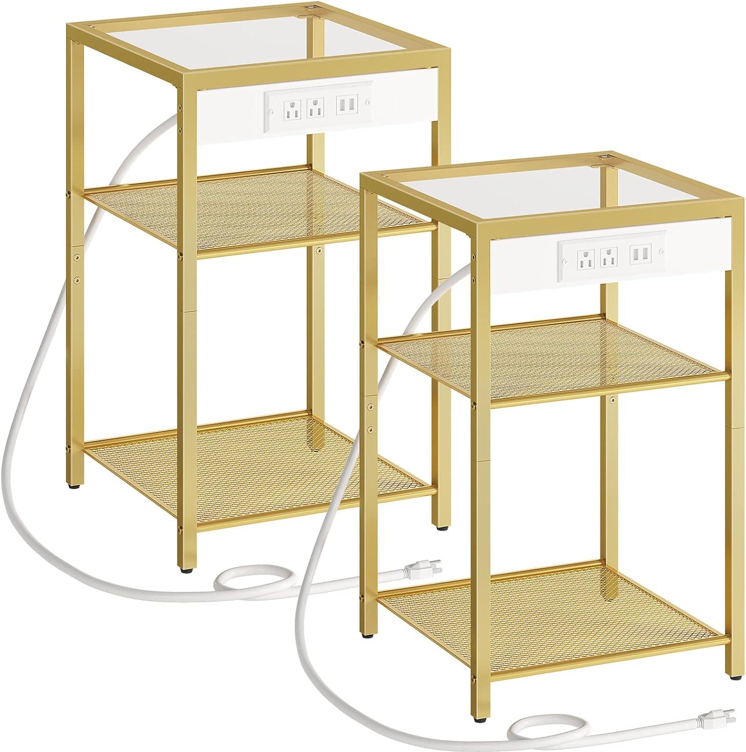 Side Table with Charging Station, Set of 2 End Tables with USB Ports, Nightstand for Tight Spaces, Tempered Glass, Modern Metal Frame, for Office, Bedroom, Living Room, Gold