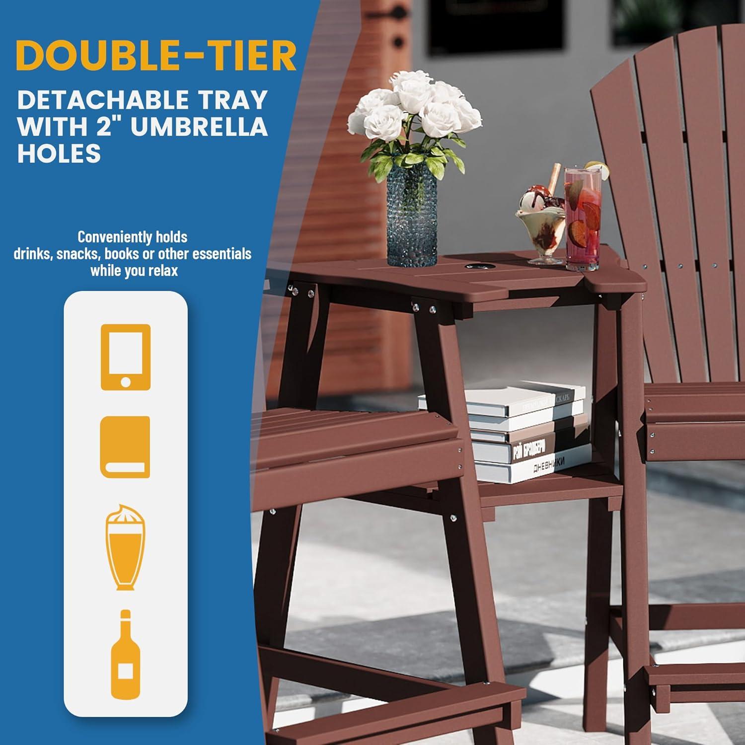 JUSTLET Tall Plastic Adirondack Chair Set of 2 W/ Outdoor Barstools and Connecting Tray, Brown