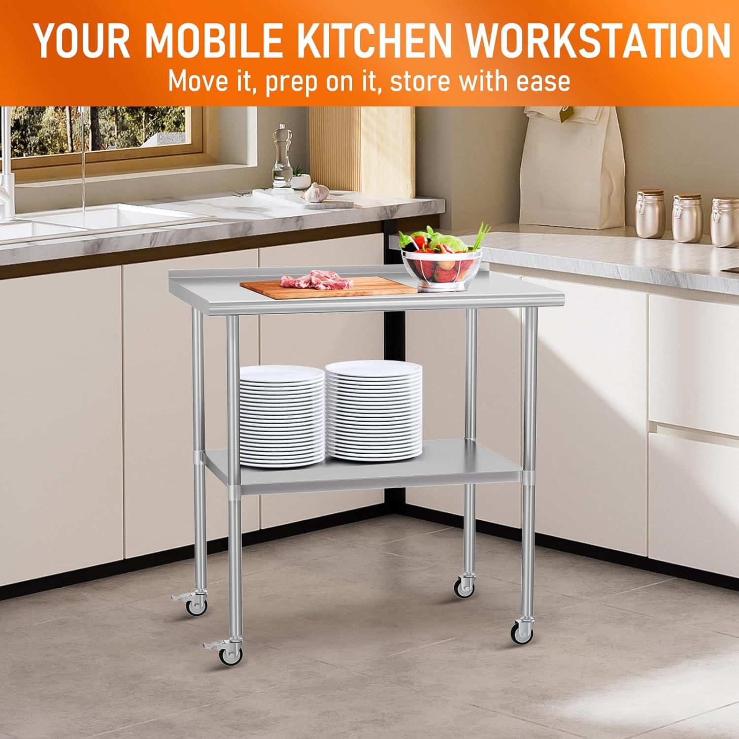 36"x24" Stainless Steel Kitchen Work Prep Table Commercial Workbench With Wheels