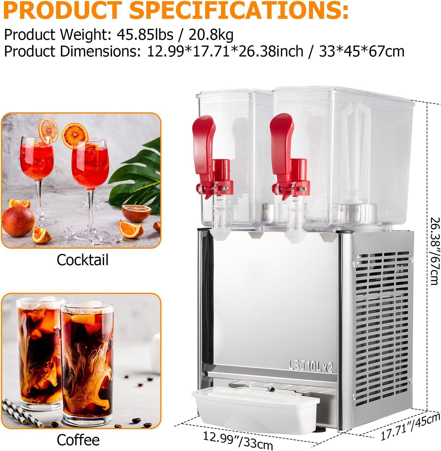 Commercial Beverage Dispenser, Towallmark 2 Tanks 5.28 Gallon 20L Commercial Juice Dispenser, 10 Liter Per Tank, 280W Stainless Steel Food Grade Ice Tea Drink Dispenser with Thermostat Controller