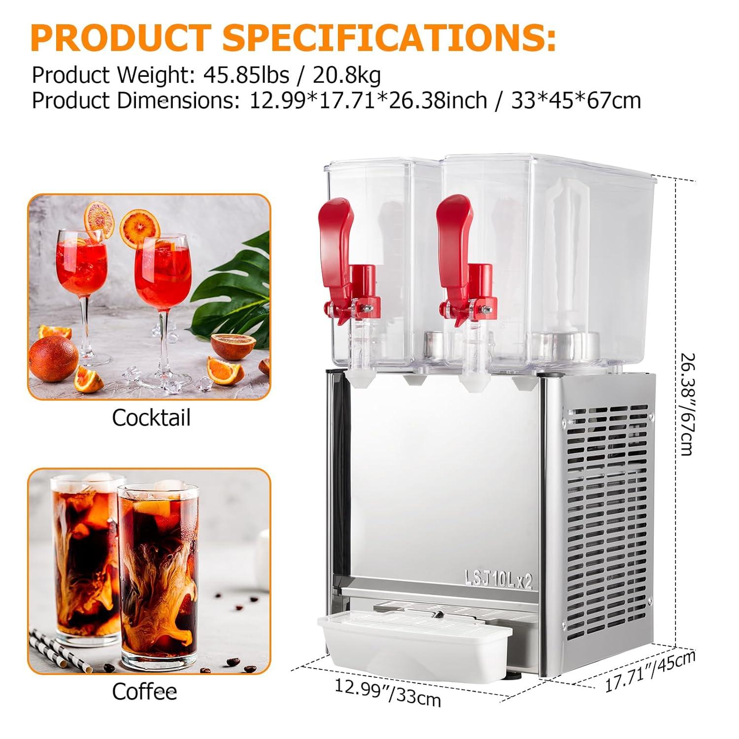 Commercial Beverage Dispenser, Towallmark 2 Tanks 5.28 Gallon 20L Commercial Juice Dispenser, 10 Liter Per Tank, 280W Stainless Steel Food Grade Ice Tea Drink Dispenser with Thermostat Controller