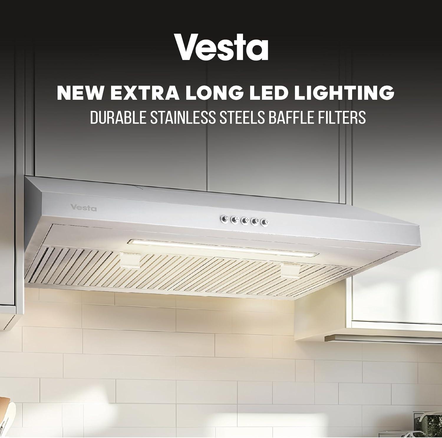 Vesta Charlotte 500cfm Under Cabinet Range Hood With 3 Levels Of Speed, Mechanical Buttons Control, Dishwasher Friendly Baffle Filters, Flexible Vent Connectors, Long LED Stripe