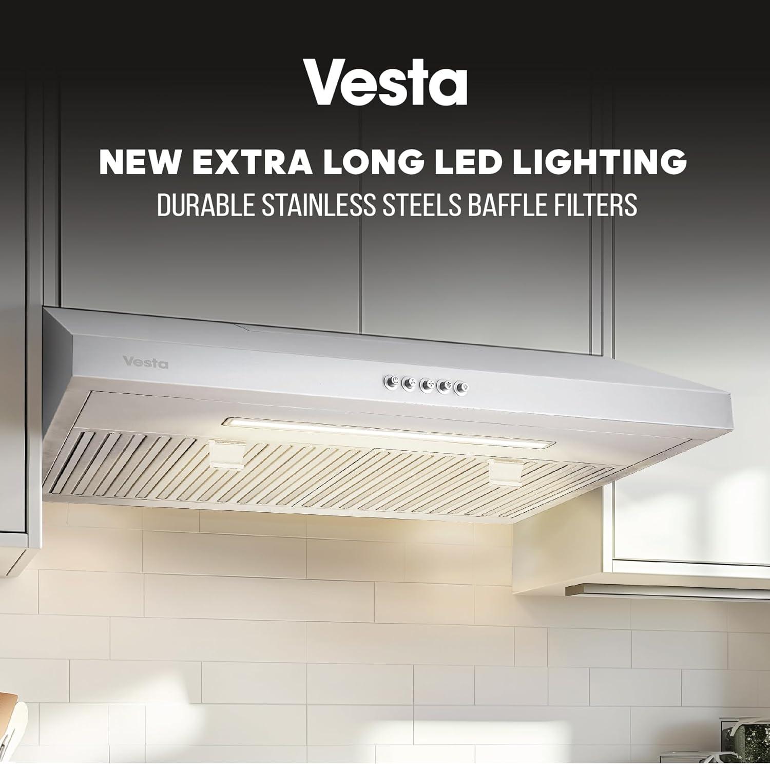 VESTA Chicago 750CFM Powerful 30'' Under Cabinet Range Hood With Seamless Stainless Steel Body, Single Motor, 3 Speeds Mechanical Button Control, Round 6" Top Vent, Baffle Filters, and LED Light
