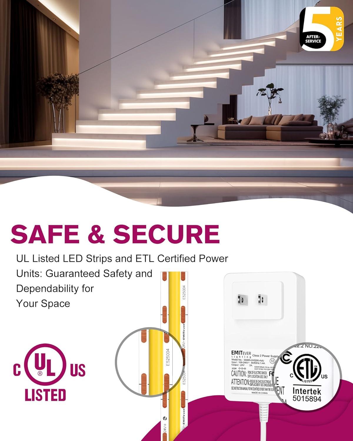 EMITEVER COB LED Strip Lights Kit Neutral White with Remote & 24V Power Supply,16.4ft Dimmable Tape Light 4000K, High Density 2400LEDs, 300+LM/FT,CRI90+, Suitable for Bedroom Kitchen Cabinet Lighting