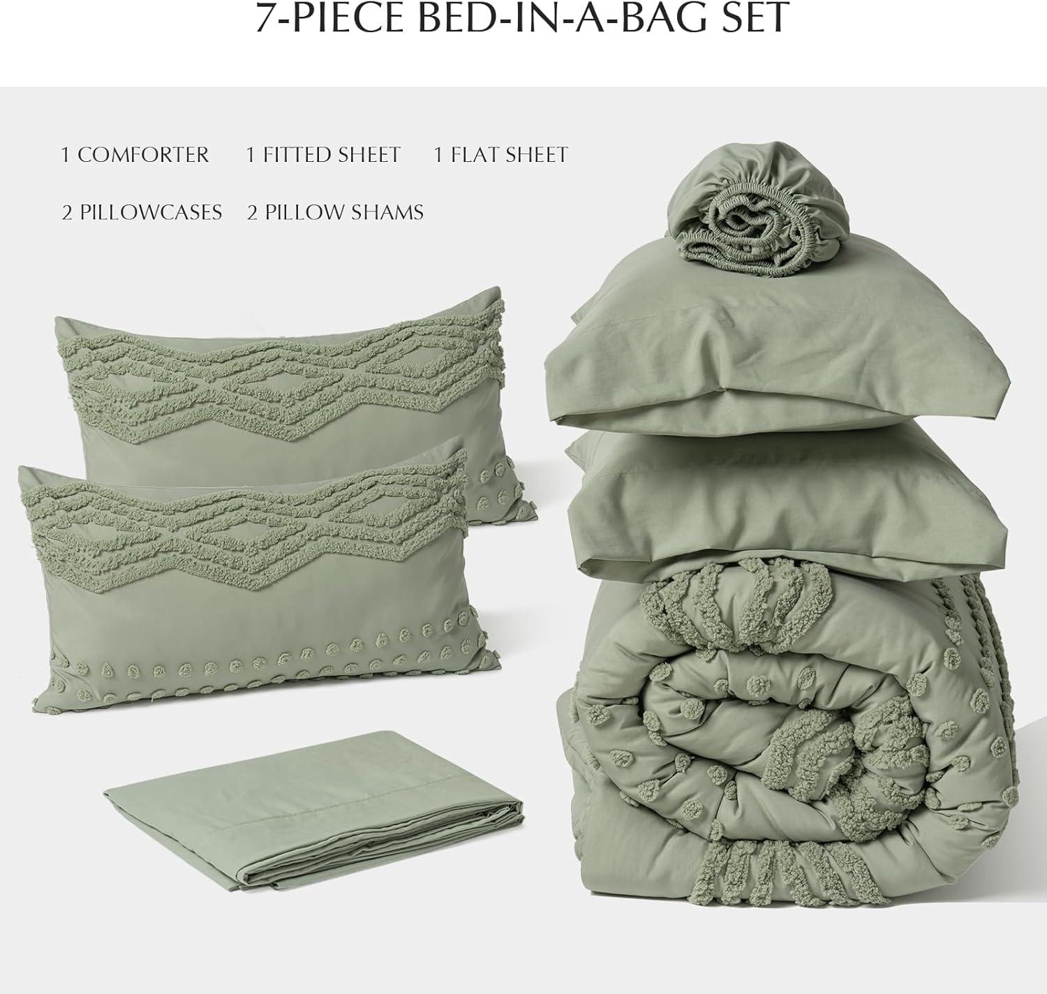 Sage Green Microfiber King Boho Comforter Set with Pom-Pom Accents