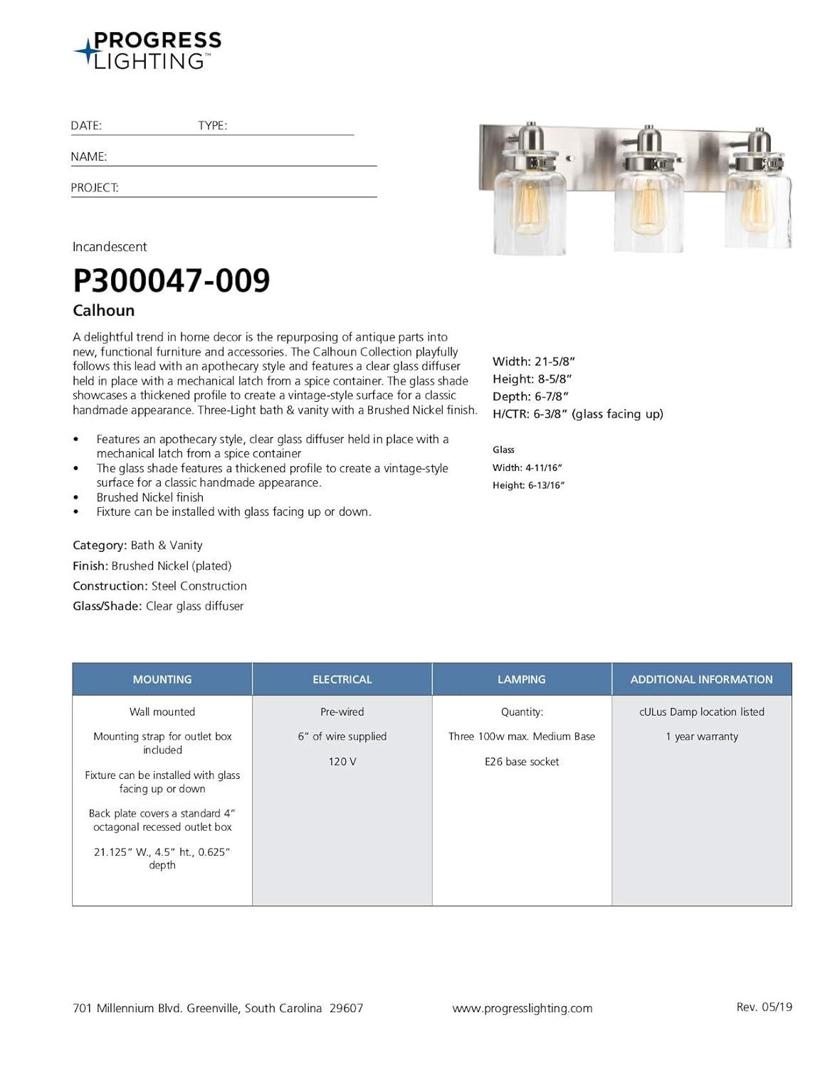 Progress Lighting Calhoun Collection 3-Light Bath & Vanity Wall Light, Brushed Nickel, Clear Glass Shade