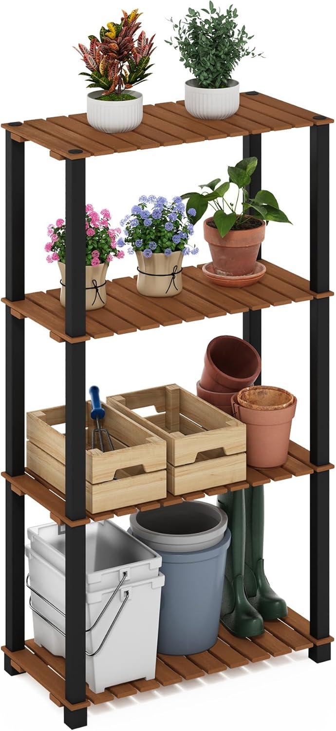 Furinno Pangkor 4-Tier Turn-N-Tube Indoor Outdoor Plant Shelf Wood Stand with Square Poles, Natural/Black