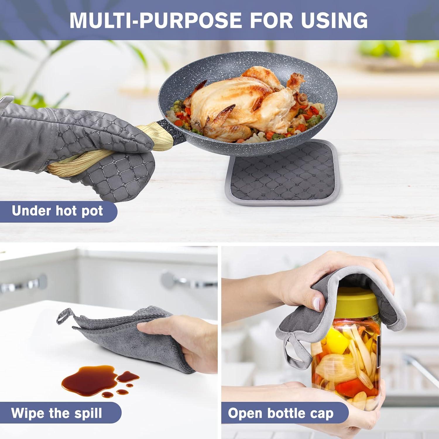 IXO 6Pcs Oven Mitts and Pot Holders, 500℉ Heat Resistant Oven Mitts with Kitchen Towels Soft Cotton Lining and Non-Slip Surface Safe for Baking, Cooking, BBQ