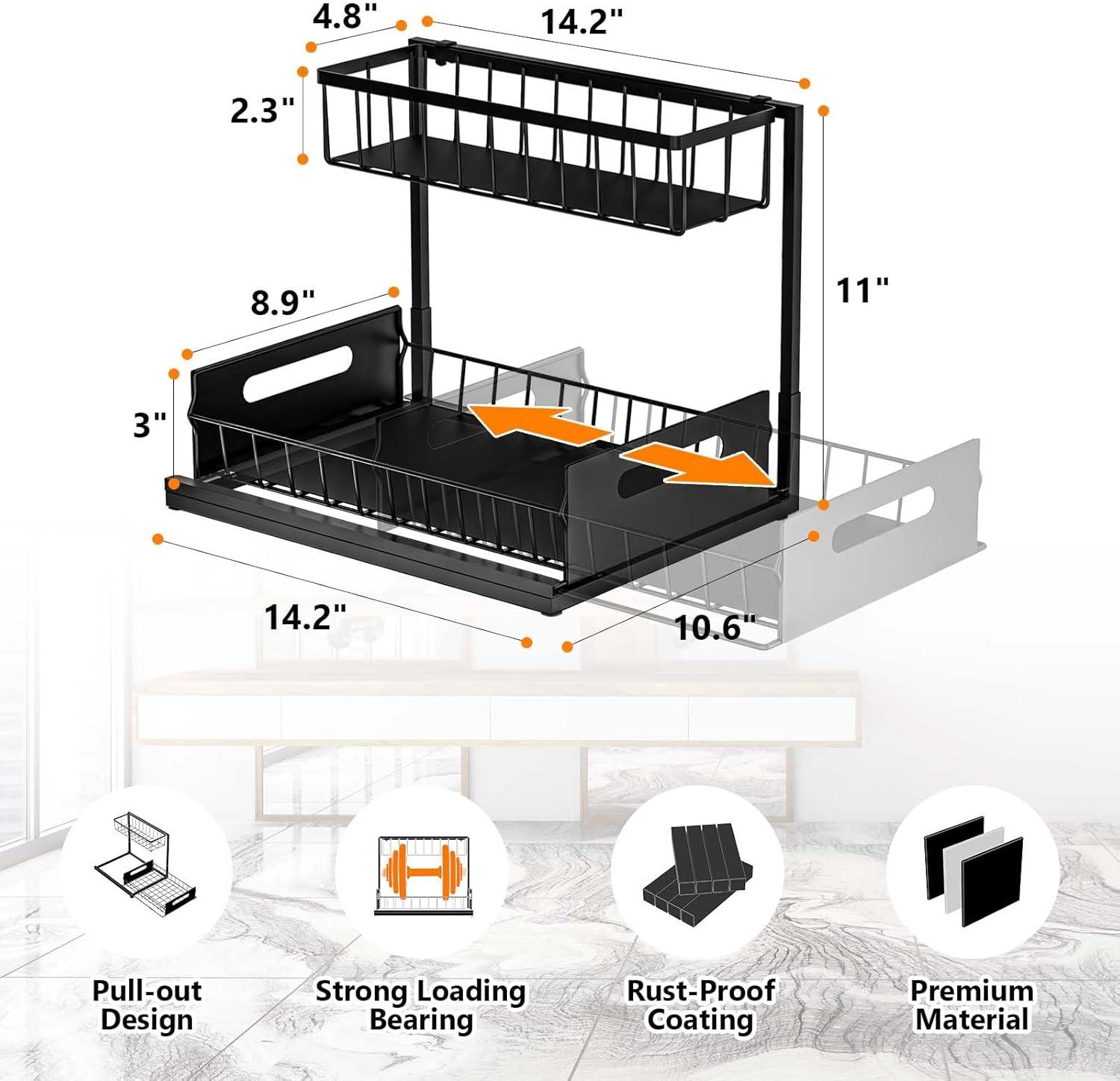 Under Sink Organizers and Storage, 2 Pack Pull Out Kitchen Bathroom Cabinet Organizer, 2 Tier Black Under Sink Storage for Bathroom Kitchen, Under Counter Storage Organizer with 8 Hooks