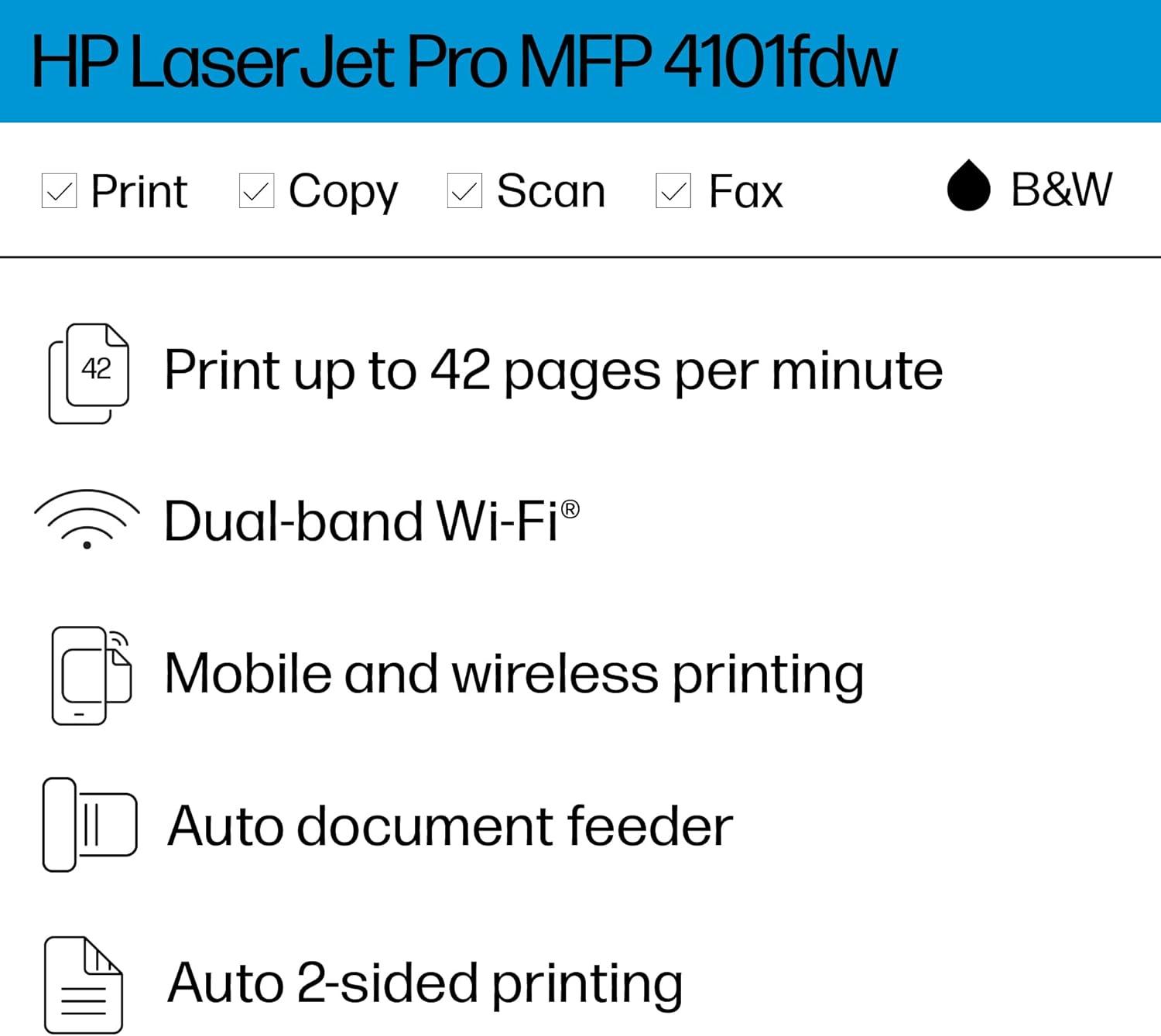 HP Inc. LaserJet Pro MFP 4101fdw Laser Printer, Black And White Mobile Print, Copy,