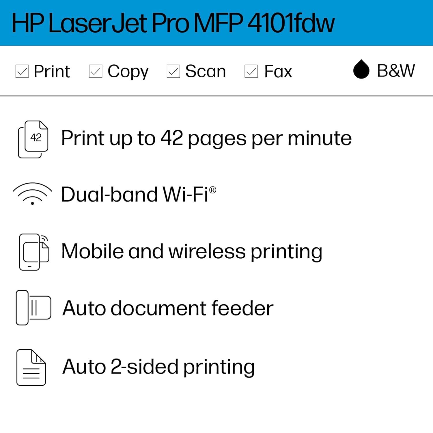 HP Inc. LaserJet Pro MFP 4101fdw Laser Printer, Black And White Mobile Print, Copy,