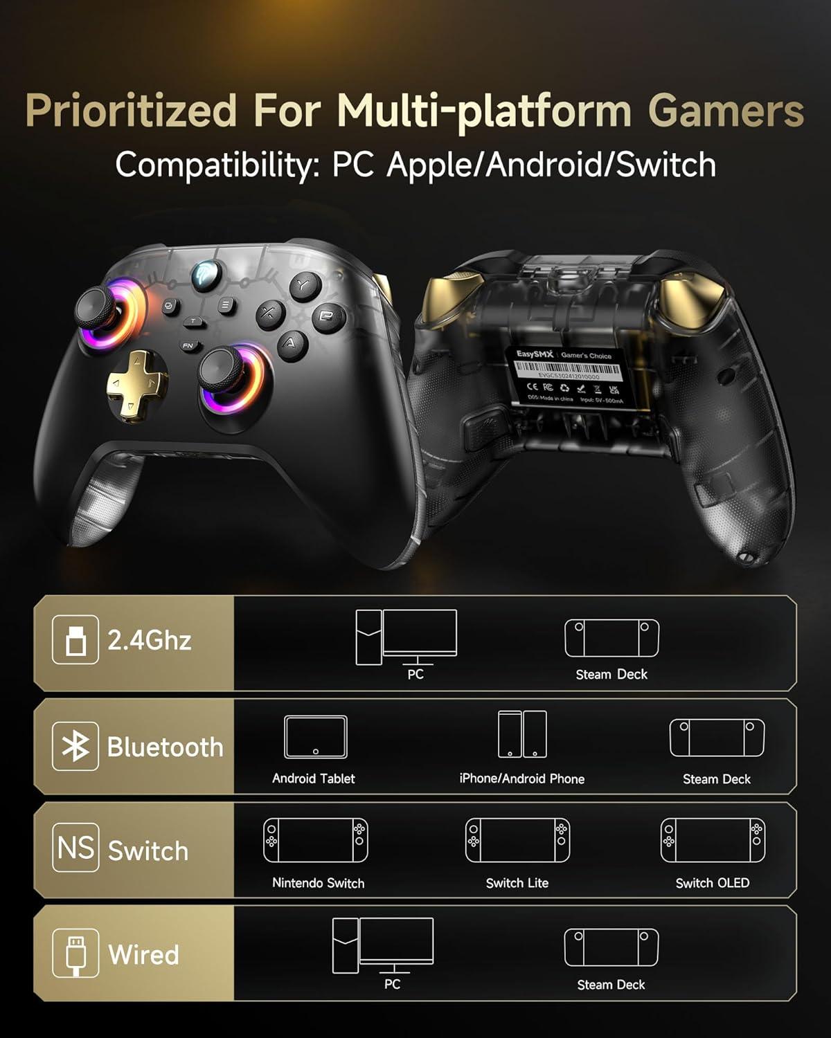 EasySMX Pro Wireless Gaming Controller with Charging Dock–Hall Effect Joysticks & Triggers, RGB Lighting for PC/iOS/Android/Switch