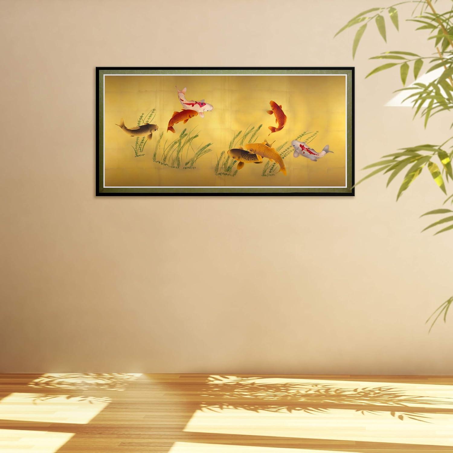 Oriental Furniture Seven Lucky Fish Canvas Wall Art, Printed on canvas, wall décor, living room item, 35.25"W x17.75"H