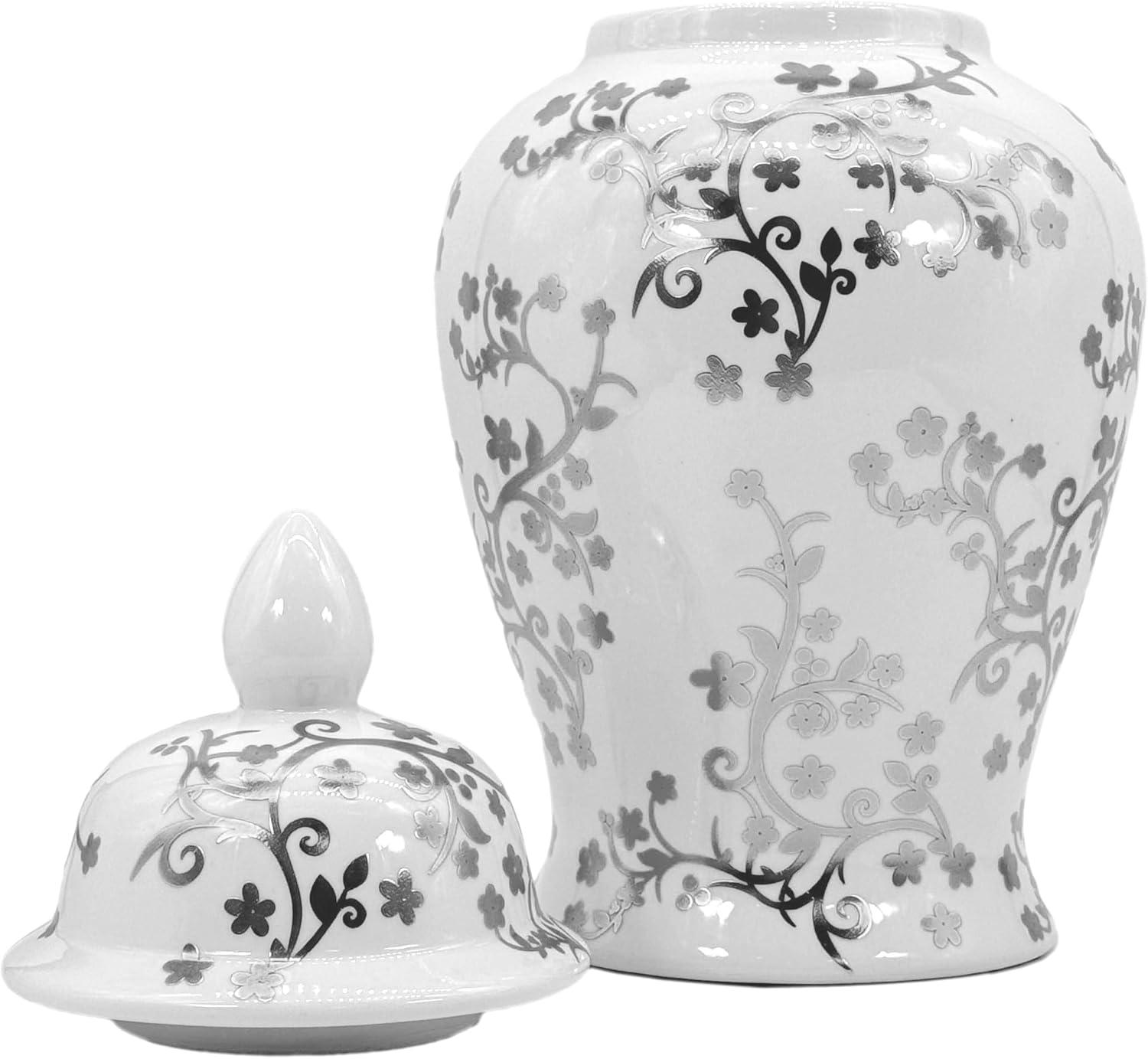 Silver and White Floral Ceramic Ginger Jar with Lid, 18"