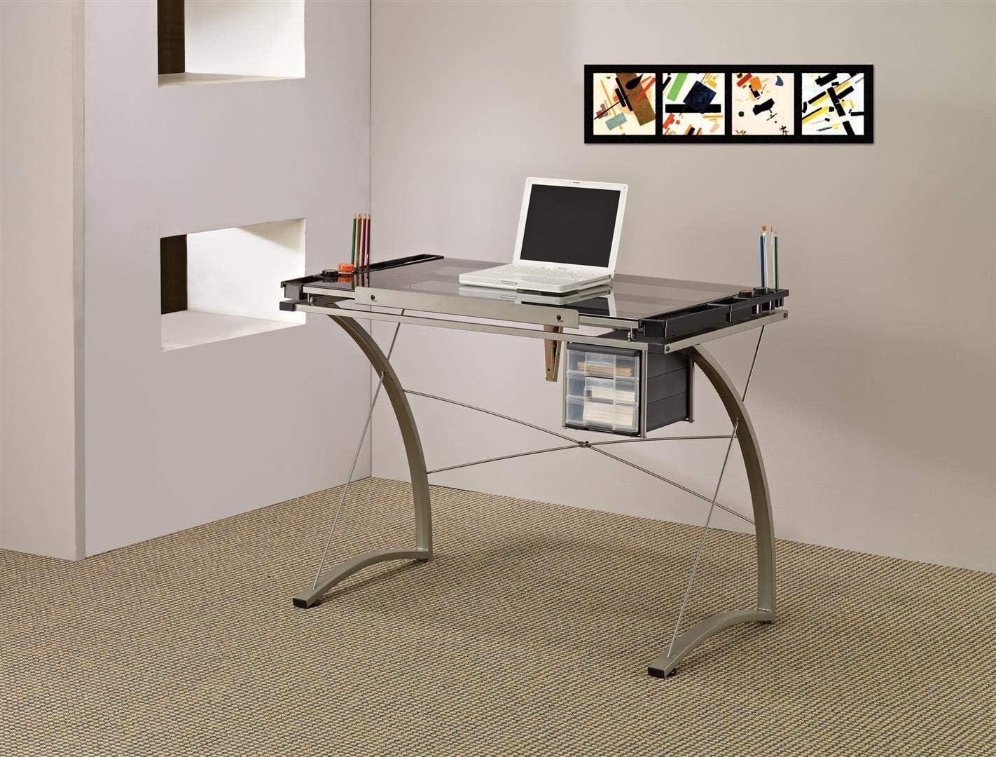 Melo 3 Drawer Glass Top Drafting Desk with Supply Storage Silver - Coaster