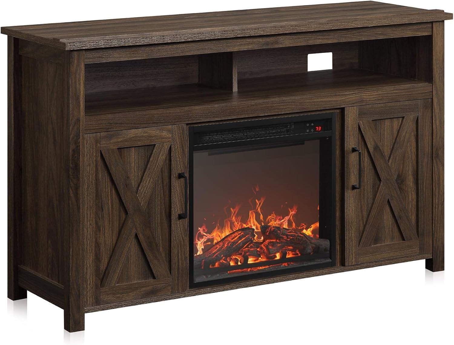 BELLEZE 48" Barn Door TV Stand Media Entertainment Center For TVs up to 50" with 18" Fireplace - Corin (Dark Walnut)