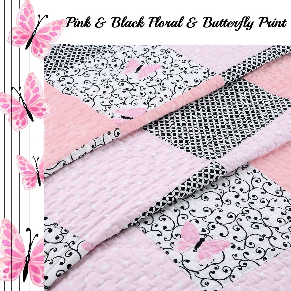 Cozy Line Home Fashions Emerson Pink Black Patchwork Butterfly Cotton Quilts, Queen, 3-Pieces