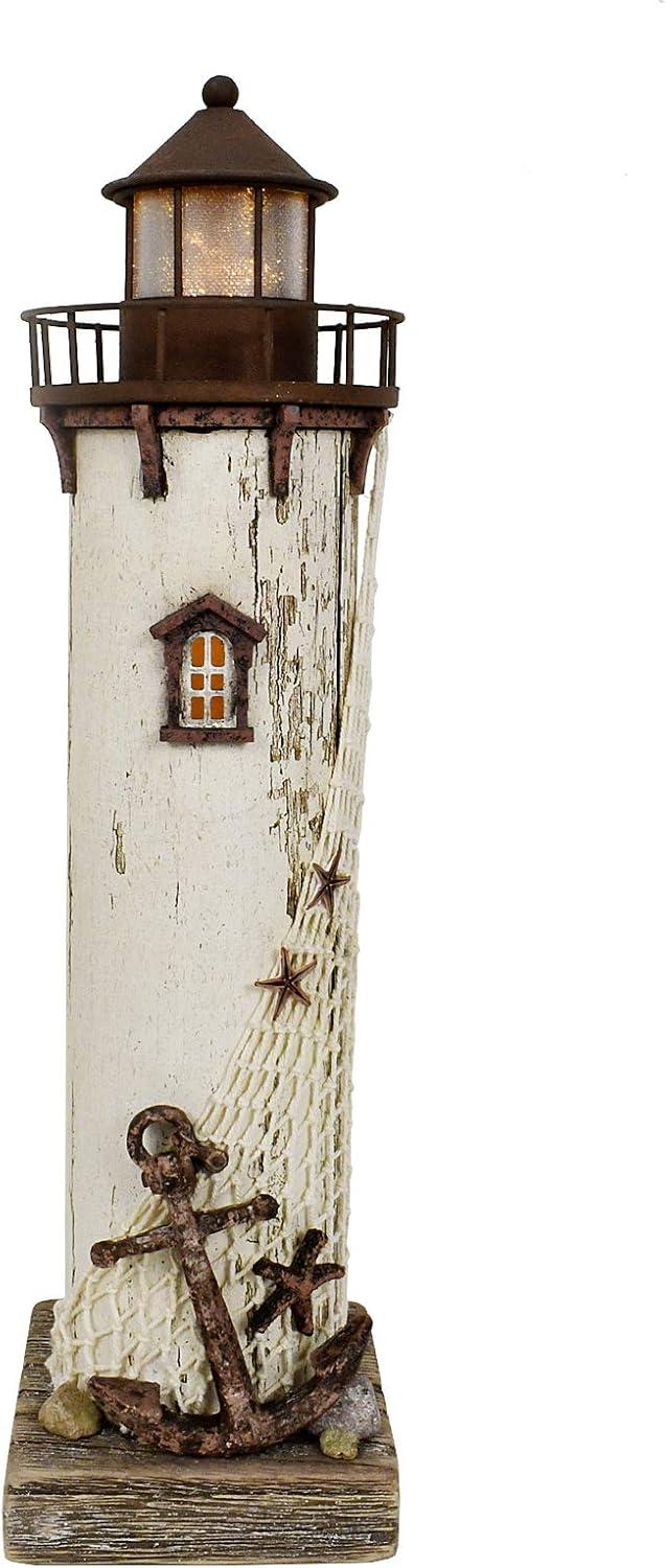 Rustic White and Brown Wooden Lighthouse Decor with LED Light