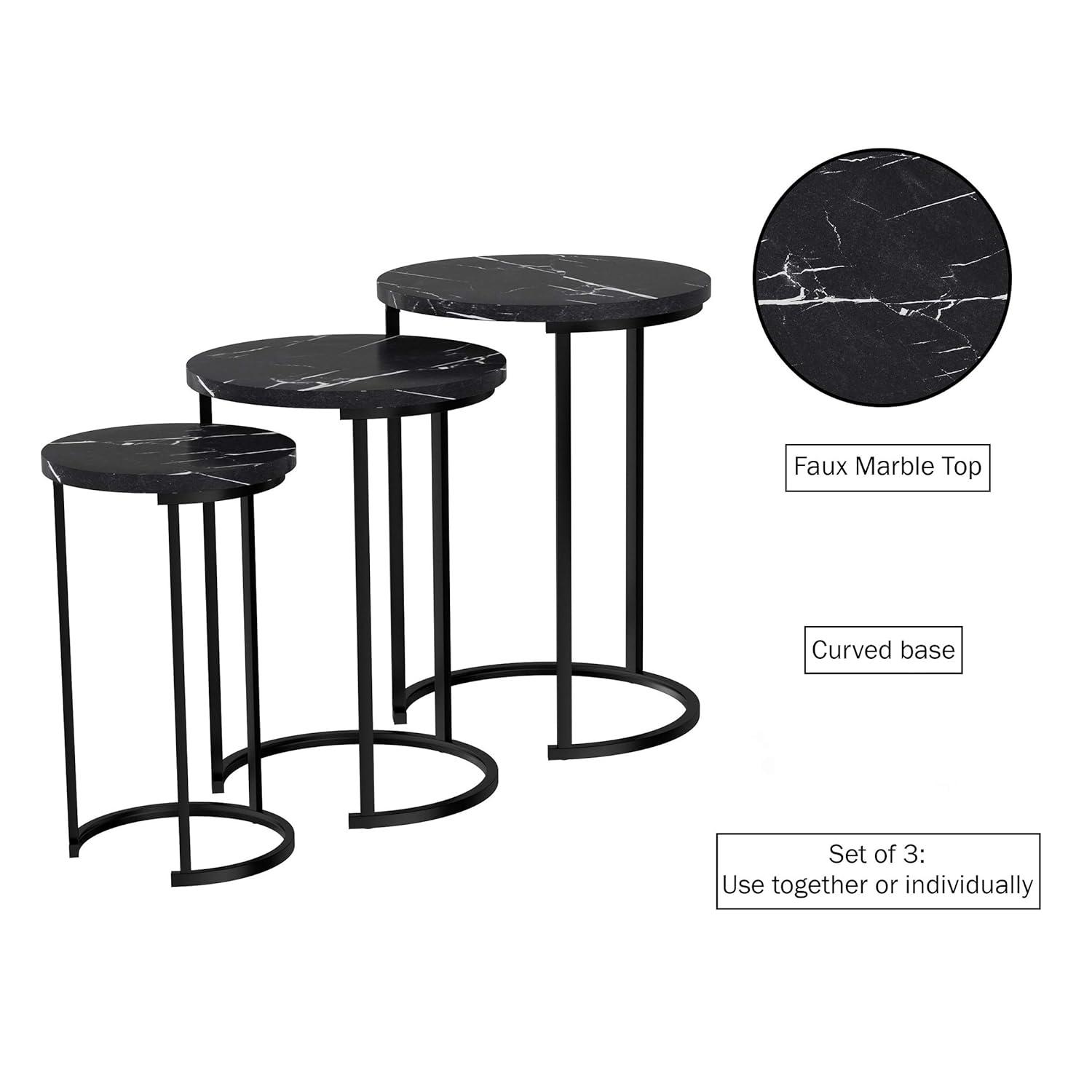 Lavish Home Nesting Tables - Set of 3 Round Side Tables for Living Room, Bedroom, or Home Office - Faux Marble End Table Set - Modern Living Room Furniture (Black)