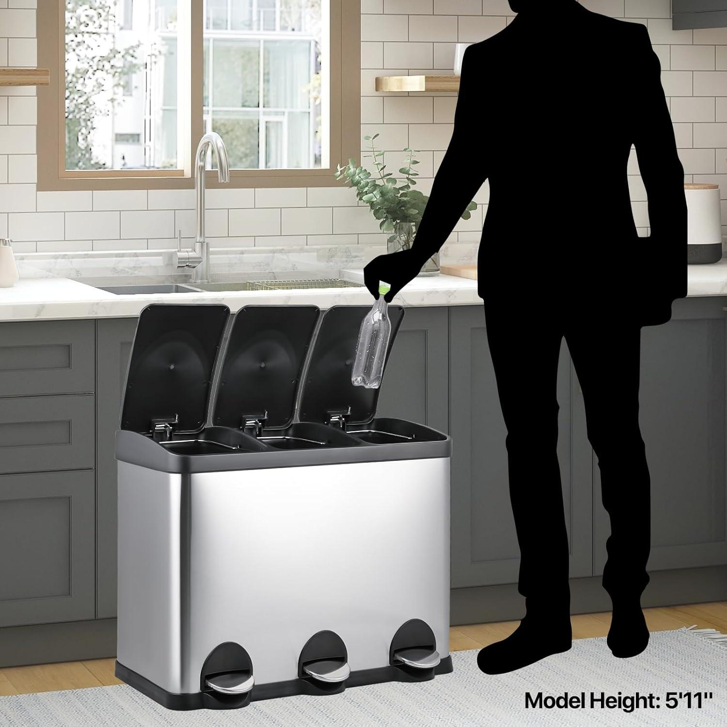 MoNiBloom 12 Gallon Trash Can with 3 Compartments, Step On Garbage Can with Soft-Close Lids and Inner Buckets
