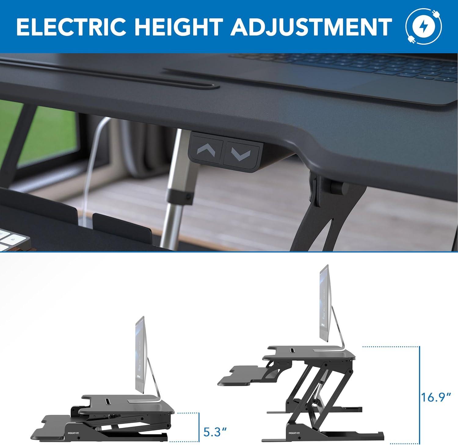 Mount-It! Electric Adjustable Stand Up Desk Converter | 38 in. Wide Tabletop Motorized Standing Desk Riser w/ Keyboard Tray Fits Monitors | Black