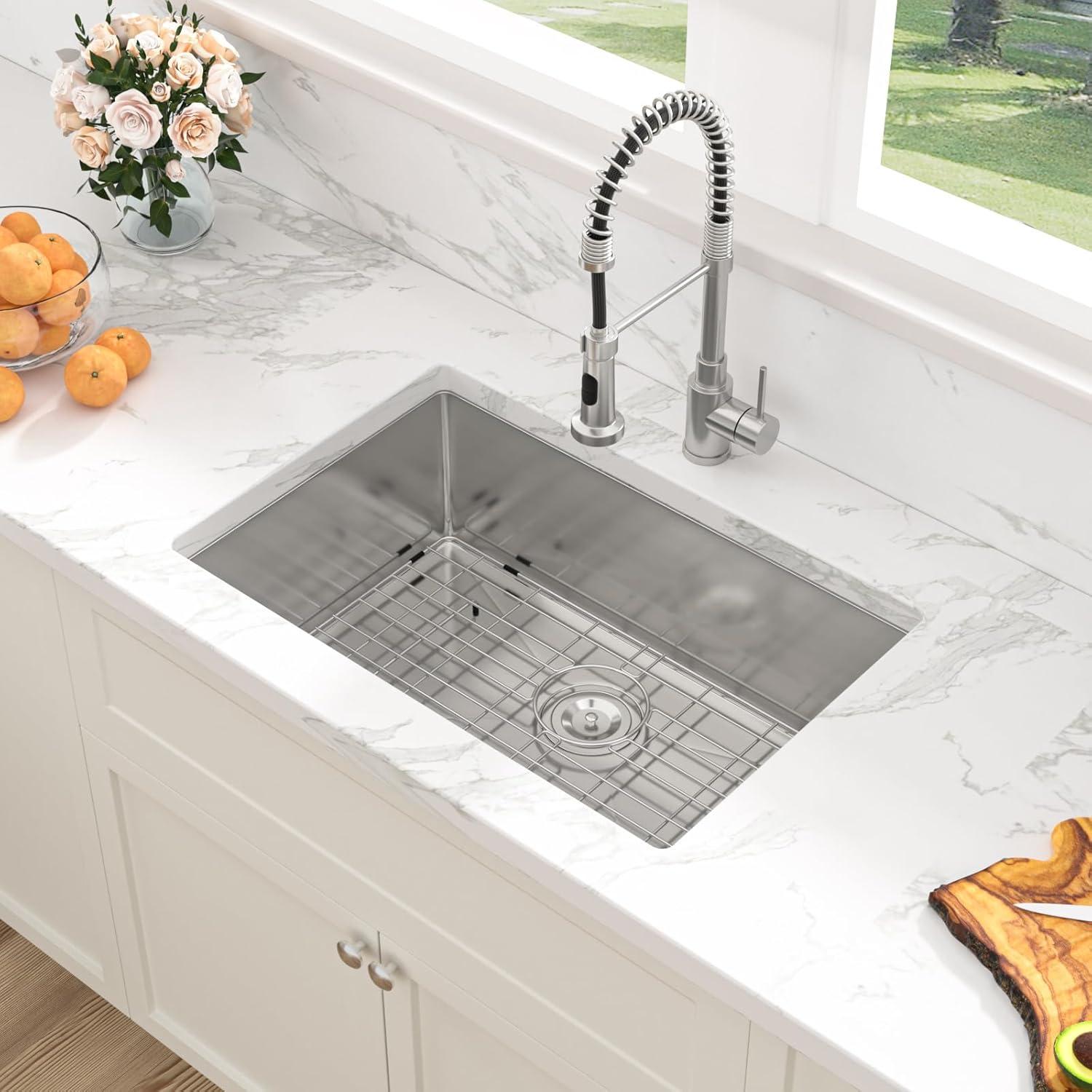 Sarlai 28'' L x 18" W Undermount Single Bowl Stainless Steel Kitchen Sink with Sink Grid and Basket Strainer SU2818R