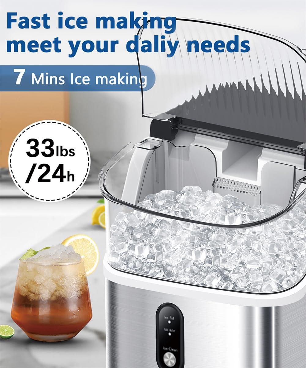 Stainless Steel Portable Countertop Nugget Ice Maker with Self-Cleaning