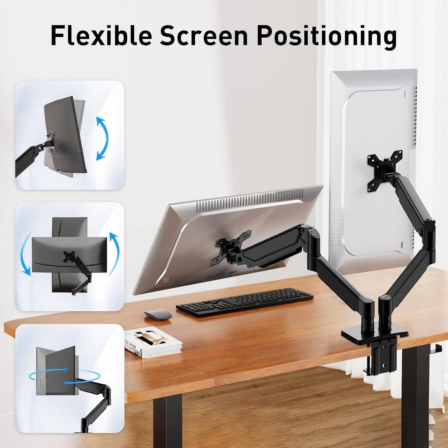 Dual Monitor Stand for Desk-Monitor Arms for 2 Monitors with C Clamp, Grommet Mounting Base for 13-32 Inch Computer Screens - Full Adjustable Monitor Mount Swivel Each Arm Holds 19.8lbs