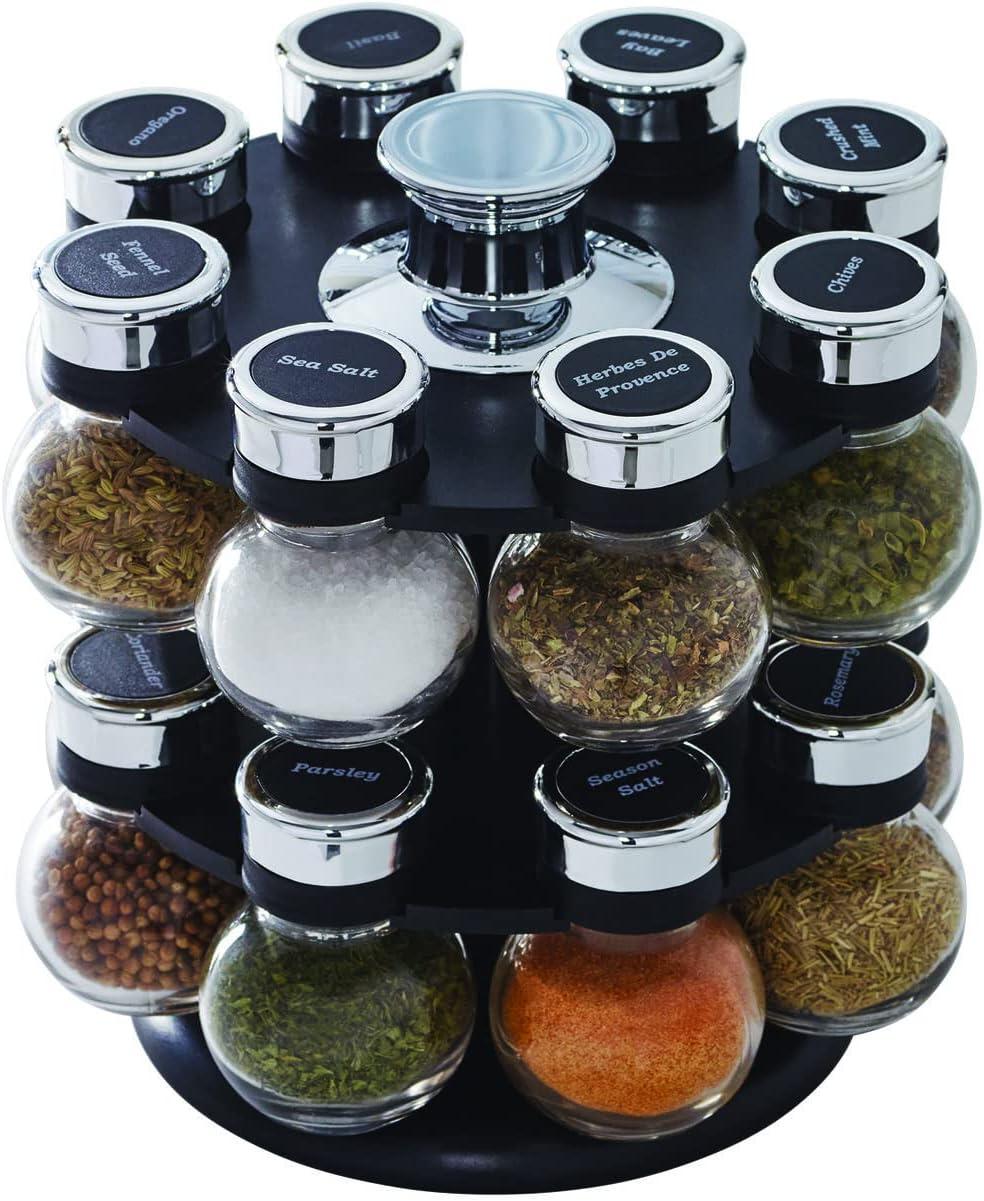 Black Revolving 16-Jar Spice Rack with Chrome Accents