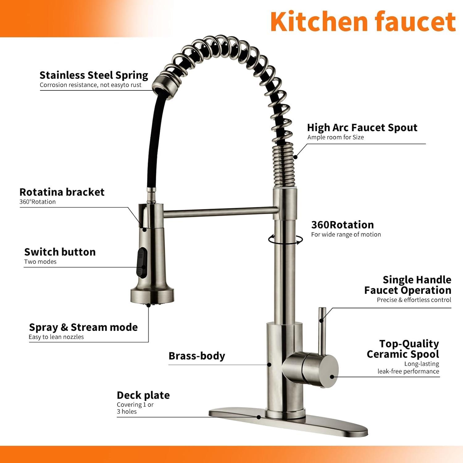 Brushed Nickel Stainless Steel Pull Down Kitchen Faucet with Deck Plate