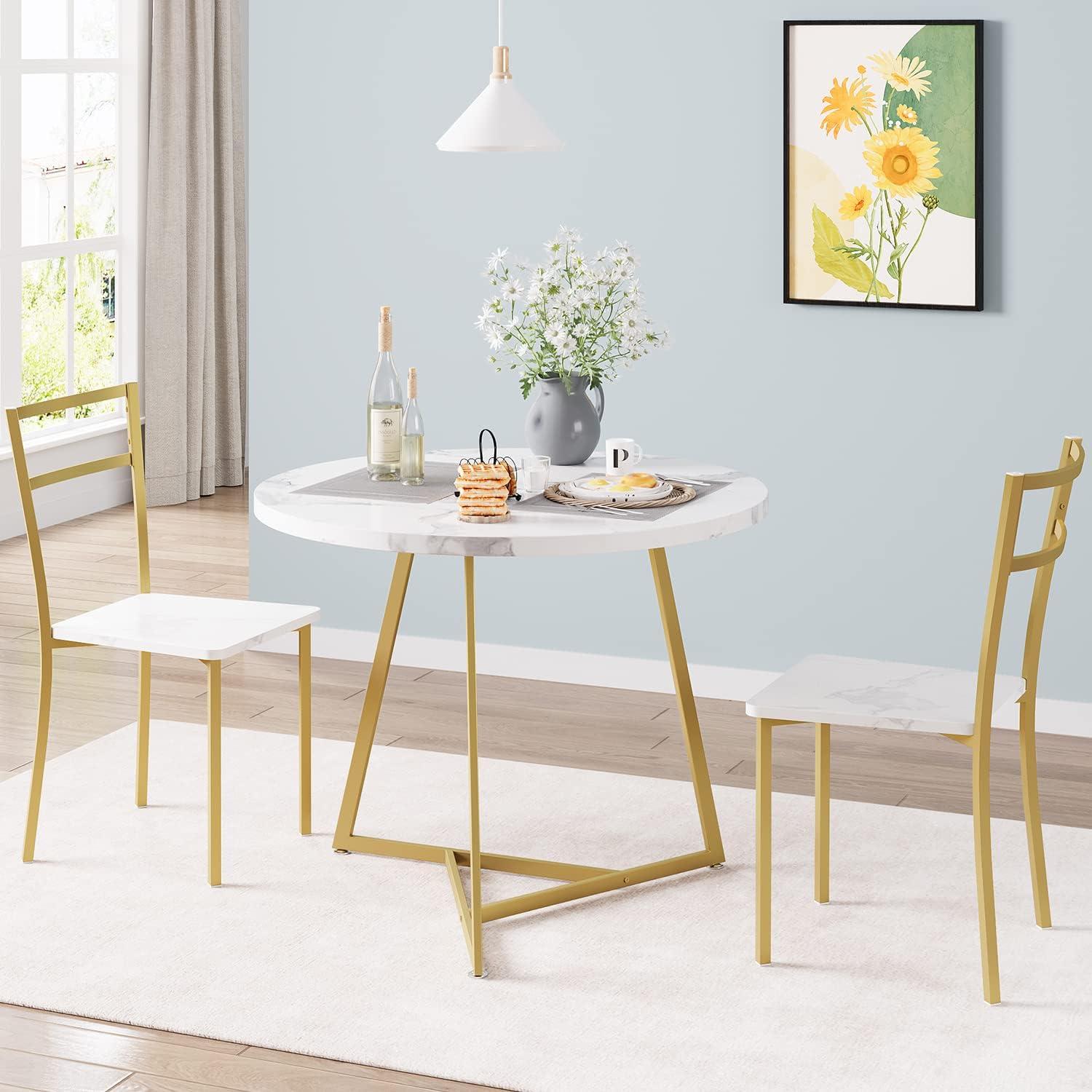 Marble White and Gold Round Dining Table Set for 2