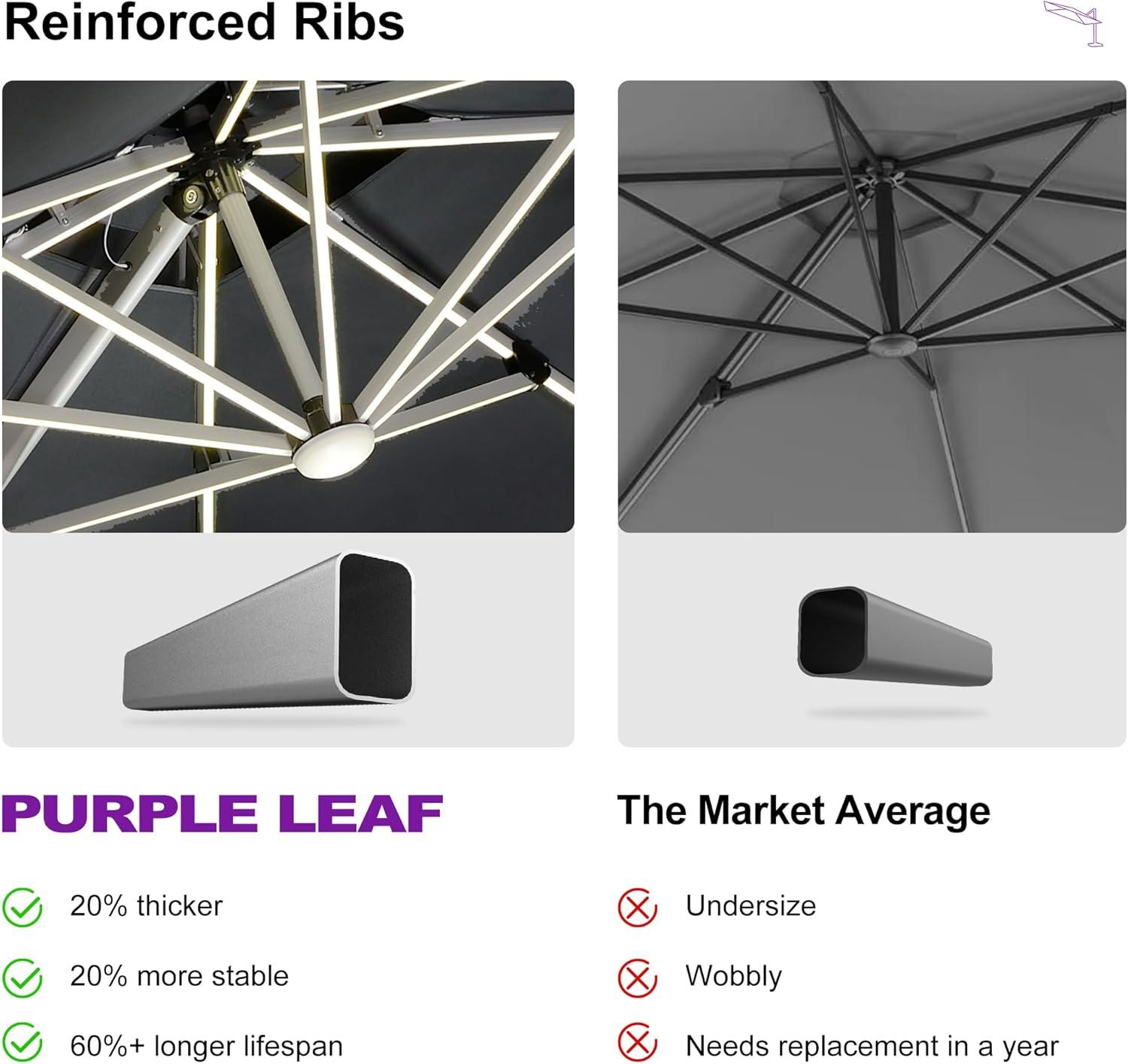 PURPLE LEAF 11FT Square Double Top Deluxe Solar Powered LED Patio Umbrella Outdoor Cantilever Umbrella, Gray