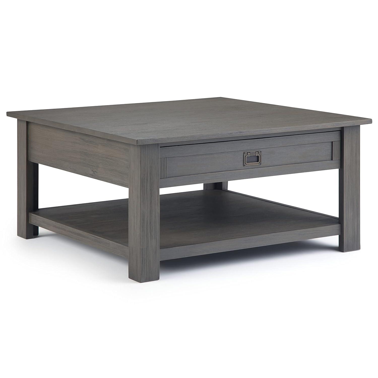 Simpli Home Monroe 38"W Solid Acacia Rustic Square Coffee Table with Large Drawer and Open Shelf