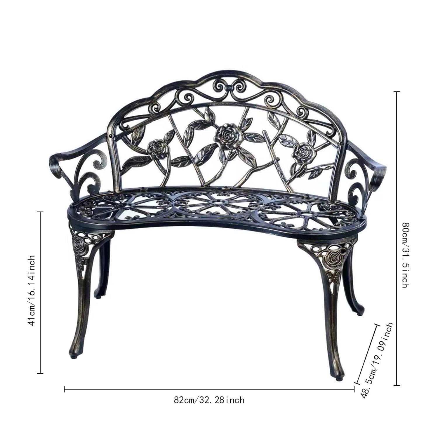 Patio Garden Bench Metal Park Bench Cast Aluminum Outdoor Furniture With Floral Rose,Copper