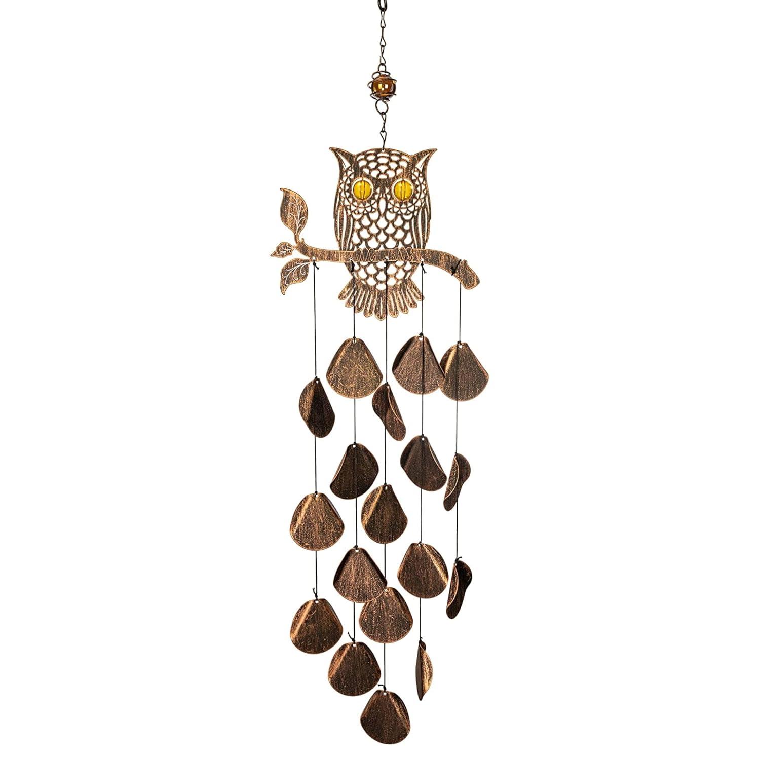 Dawhud Direct 30" H Rustic Copper Owl Wind Chimes - Garden Decoration