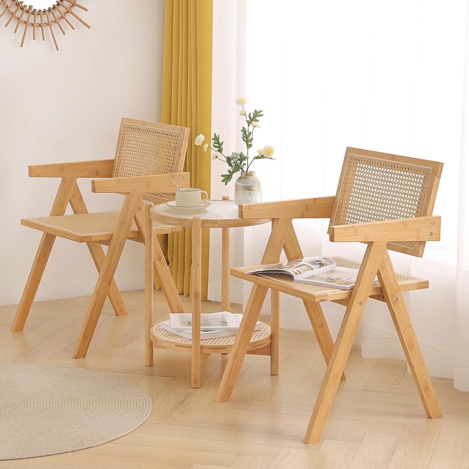 Galaxera Set of 2 Rattan Accent Chairs Century Dining Armchair Bamboo Frame Kitchen