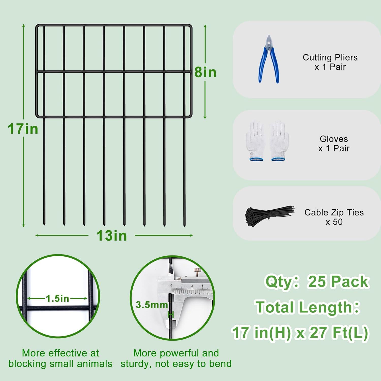 25 Pack Garden Animal Barrier Fence, 1.65inch Spike Spacing No Dig Fence, Reusable Rustproof Metal Fence Border, Dogs Rabbits Blocker Fence for Outdoor Yard, Total 27ft(L) x 17inch(H)