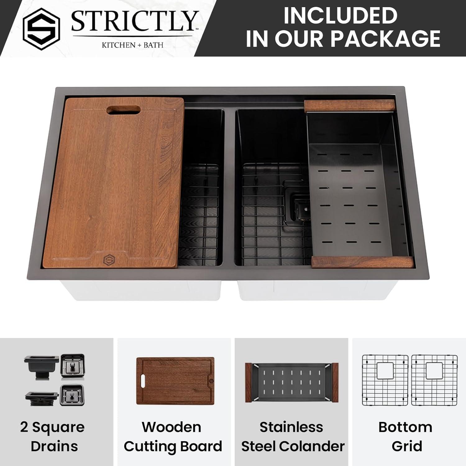 32" Black Stainless Steel Double Bowl Workstation Sink with Accessories